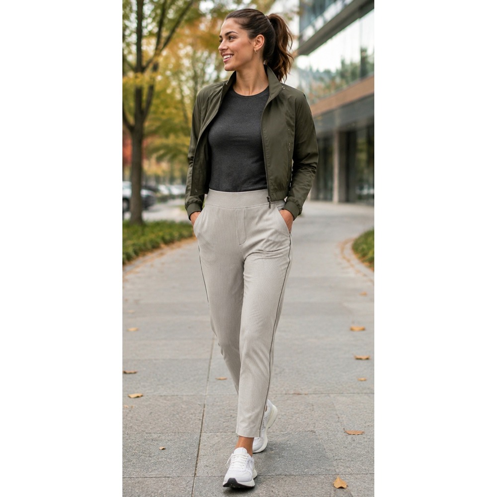 Athleta Brooklyn Heights Ankle Pinstripe Pants Grey White 10P Petite 988050